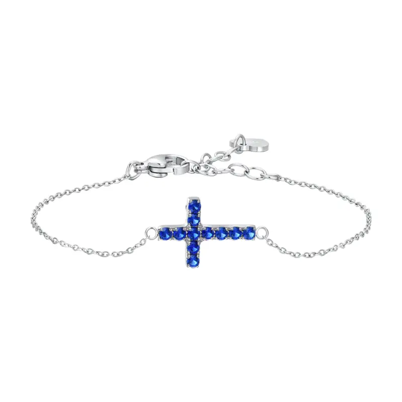 BRACCIALE DONNA IN ACCIAIO CON CROCE E ZIRCONI BLU
