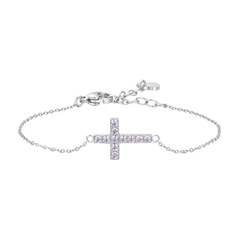 BRACCIALE DONNA IN ACCIAIO CON CROCE E ZIRCONI ROSA