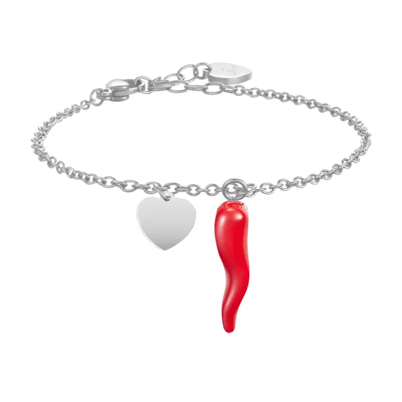 BRACCIALE DONNA IN ACCIAIO CON CUORE E CORNO ROSSO