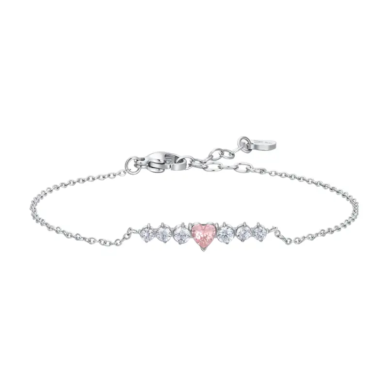 BRACCIALE DONNA IN ACCIAIO CON CUORE ROSA E CRISTALLI BIANCHI