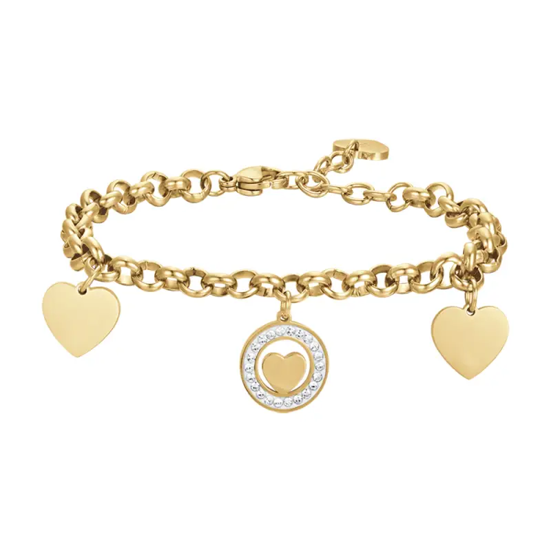 BRACCIALE DONNA IN ACCIAIO CON CUORI E CRISTALLI BIANCHI, Oro