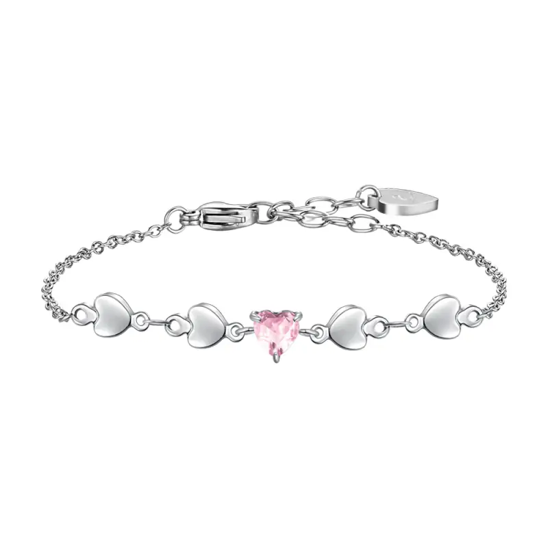 BRACCIALE DONNA IN ACCIAIO CON CUORI E ZIRCONE ROSA