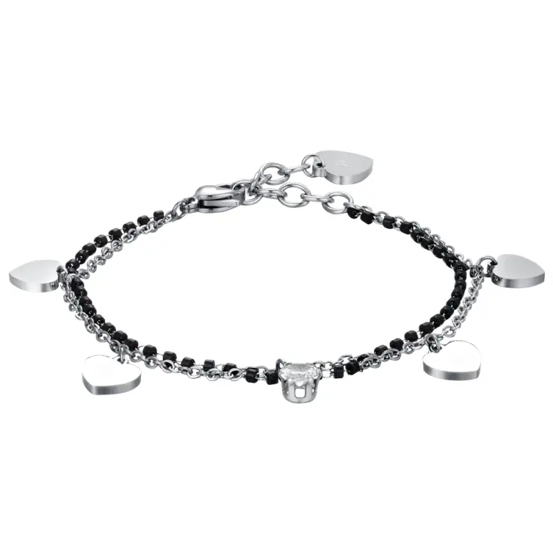 BRACCIALE DONNA IN ACCIAIO CON CUORI, ELEMENTI NERI E CRISTALLO BIANCO
