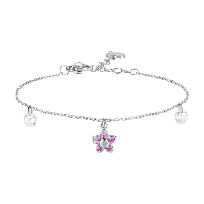 BRACCIALE DONNA IN ACCIAIO CON PENDENTE FIORE E PETALI ZIRCONE ROSA