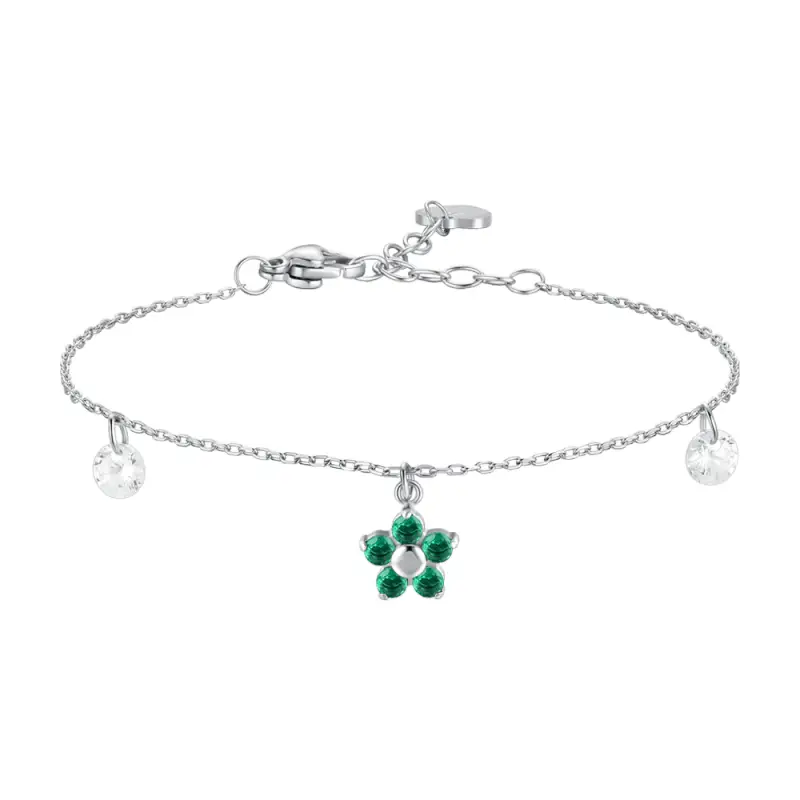 BRACCIALE DONNA IN ACCIAIO CON PENDENTE FIORE E PETALI ZIRCONE VERDE