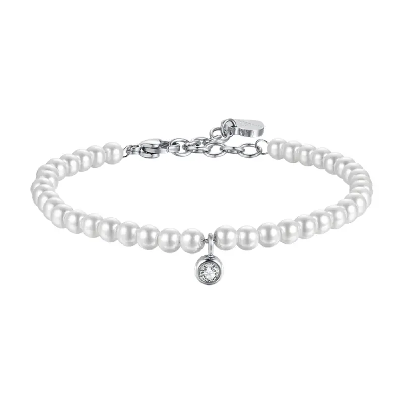 BRACCIALE DONNA IN ACCIAIO CON PERLE SINTETICHE CON CRISTALLO BIANCO