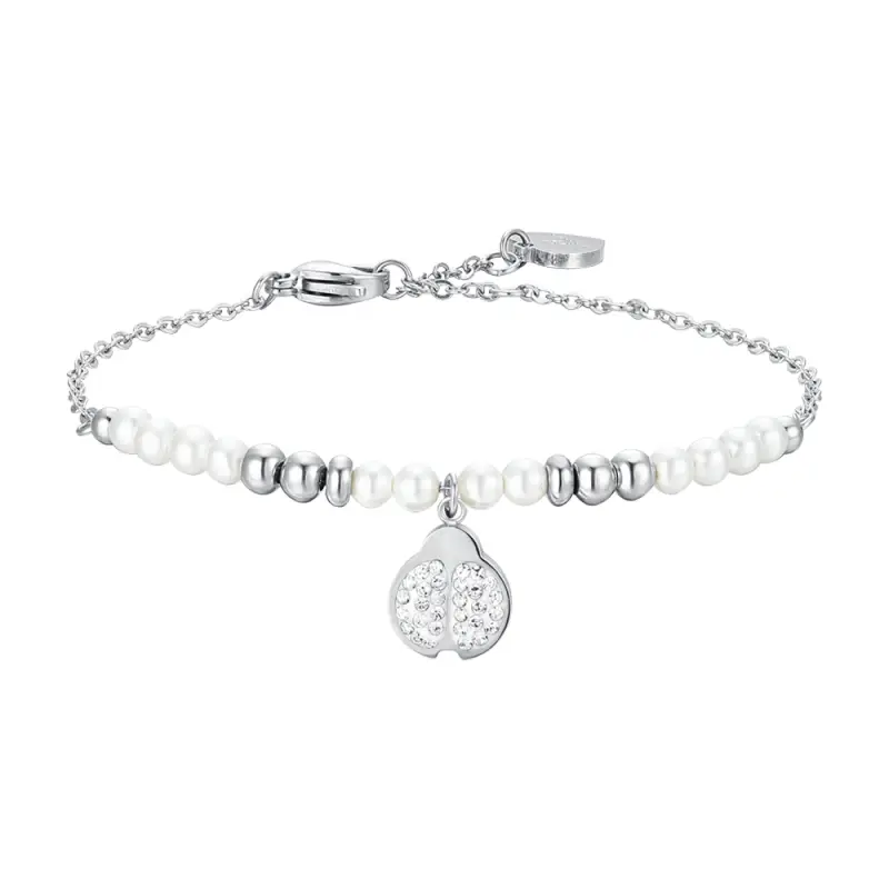 BRACCIALE DONNA IN ACCIAIO CON PERLE SINTETICHE E COCCINELLA