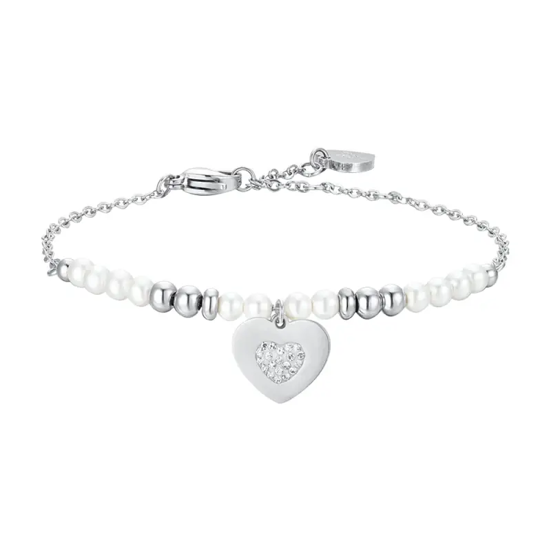BRACCIALE DONNA IN ACCIAIO CON PERLE SINTETICHE E CUORE