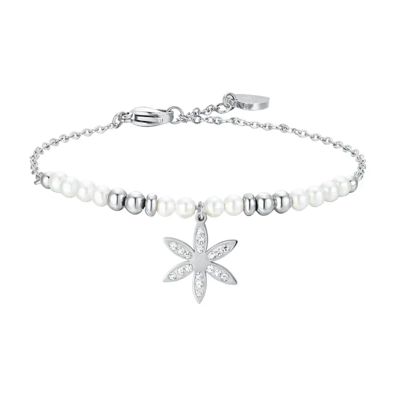 BRACCIALE DONNA IN ACCIAIO CON PERLE SINTETICHE E FIORE DELLA VITA