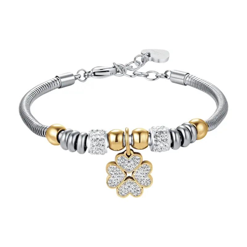 BRACCIALE DONNA IN ACCIAIO CON QUADRIFOGLIO CON CRISTALLI BIANCHI, Oro