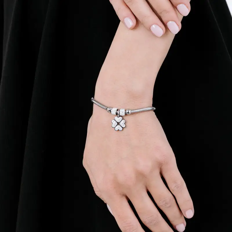 BRACCIALE DONNA IN ACCIAIO CON QUADRIFOGLIO E CRISTALLI BIANCHI miniatura 2