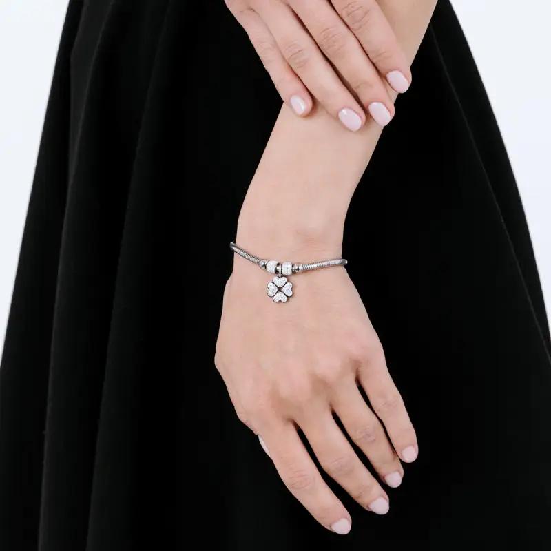 BRACCIALE DONNA IN ACCIAIO CON QUADRIFOGLIO E CRISTALLI BIANCHI miniatura 3