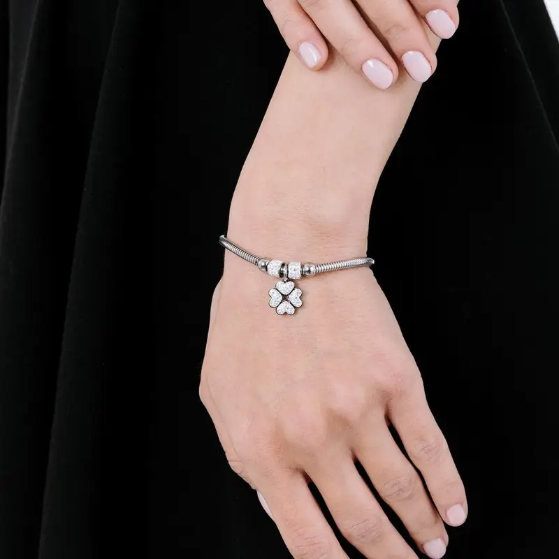 Bracciale Donna In Acciaio Con Quadrifoglio E Cristalli Bianchi - Luca Barra miniatura 2