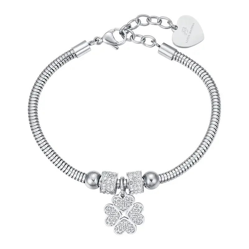 Bracciale Donna In Acciaio Con Quadrifoglio E Cristalli Bianchi - Luca Barra