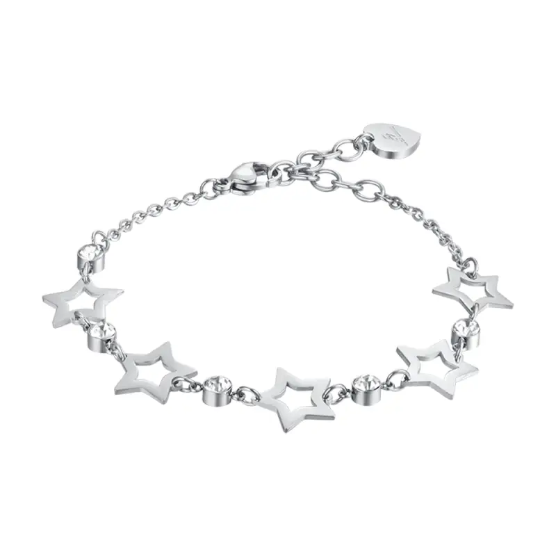 BRACCIALE DONNA IN ACCIAIO CON STELLE TRAFORATE E CRISTALLI BIANCHI