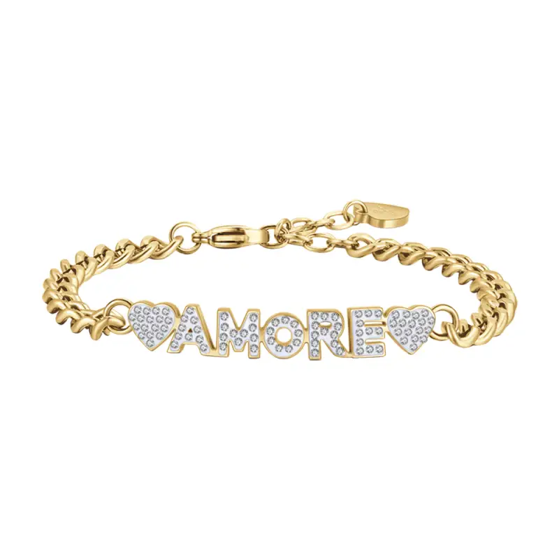 BRACCIALE DONNA IN ACCIAIO DORATO AMORE CON CRISTALLI BIANCHI