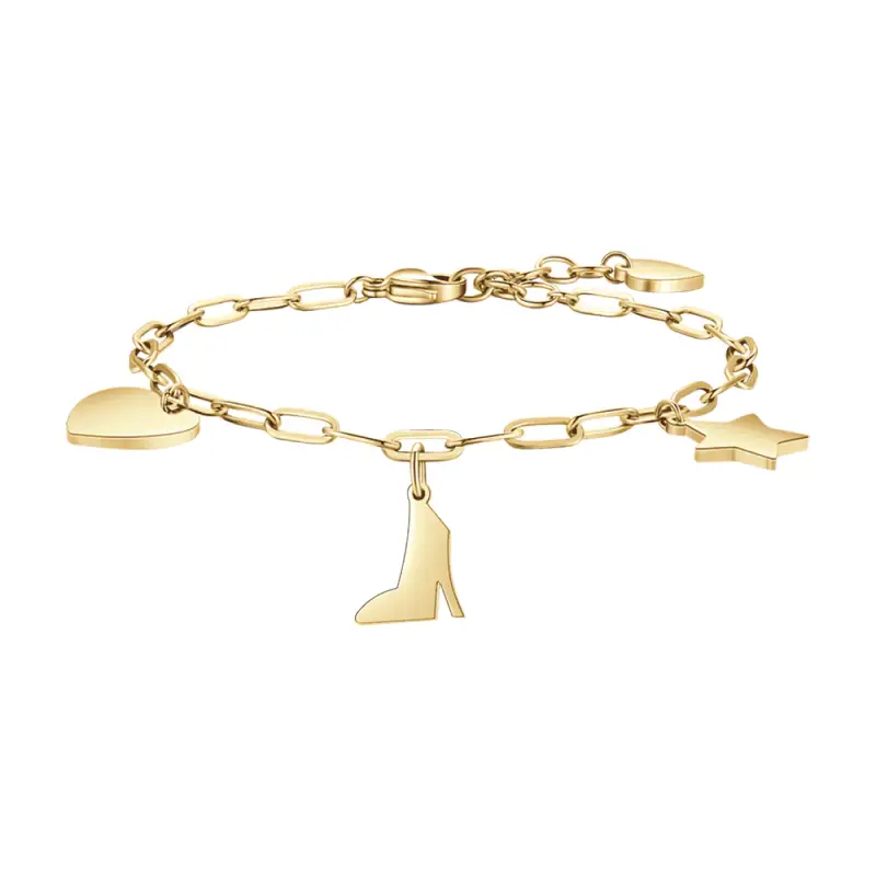 BRACCIALE DONNA IN ACCIAIO DORATO CON CUORE, SCARPA E STELLA
