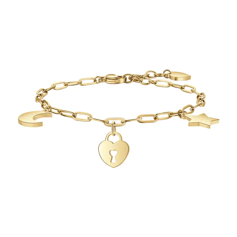 BRACCIALE DONNA IN ACCIAIO DORATO CON LUNA, CUORE LUCCHETTO E STELLA