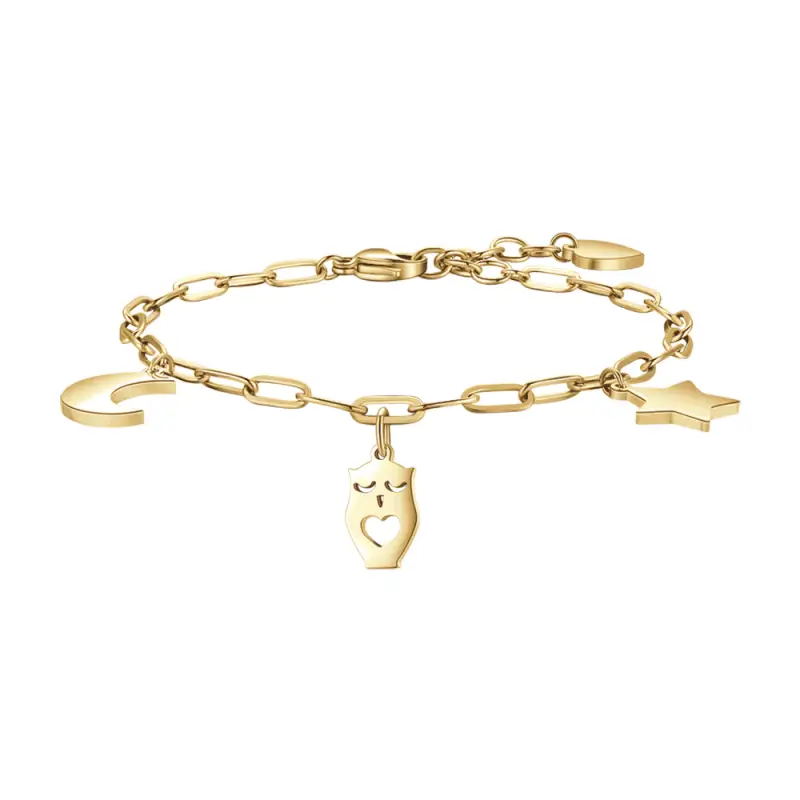 BRACCIALE DONNA IN ACCIAIO DORATO CON LUNA, GUFO E STELLA