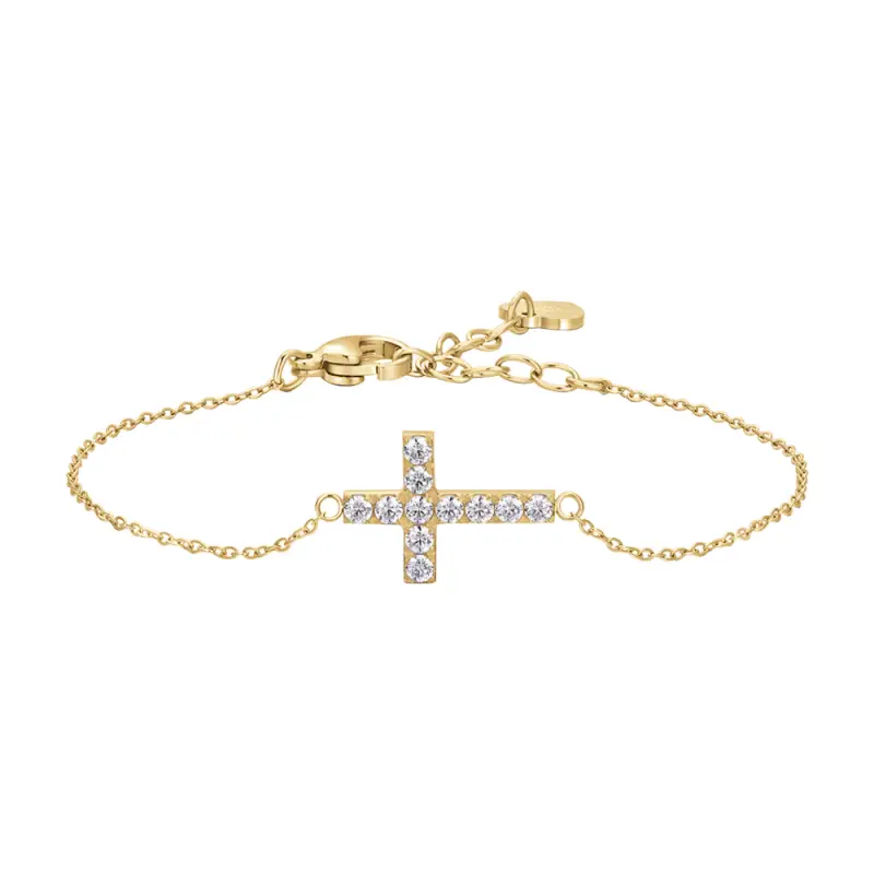 BRACCIALE DONNA IN ACCIAIO E IP GOLD CON CROCE E ZIRCONI BIANCHI