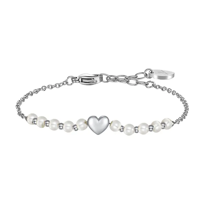 BRACCIALE DONNA IN ACCIAIO E PERLE SINTETICHE BIANCHE CON CUORE