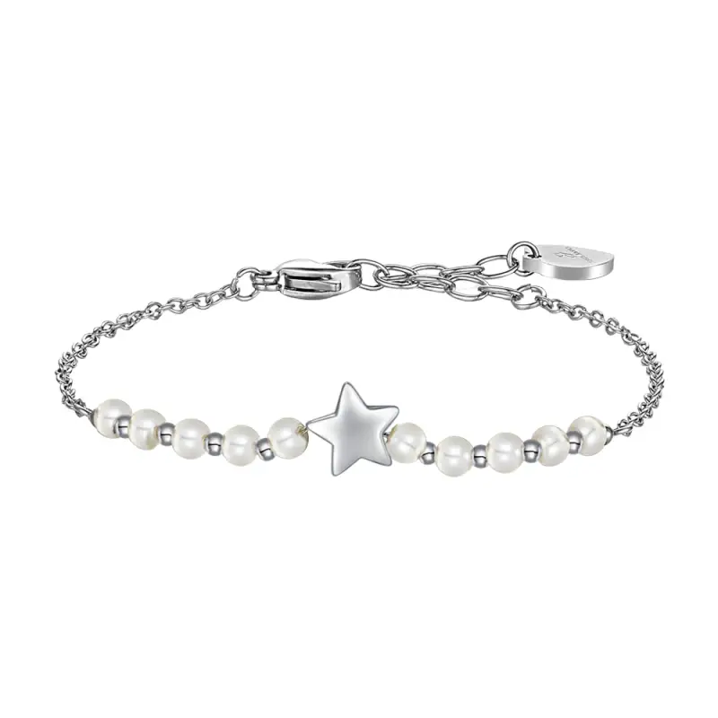 BRACCIALE DONNA IN ACCIAIO E PERLE SINTETICHE BIANCHE CON STELLA