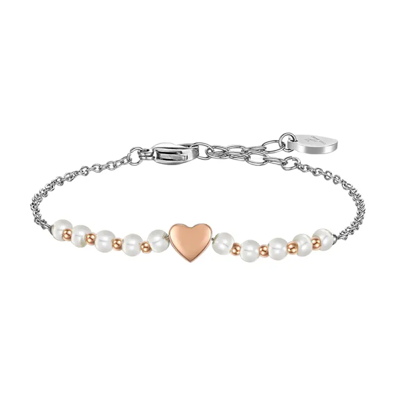 BRACCIALE DONNA IN ACCIAIO IP GOLD E PERLE SINTETICHE BIANCHE CON CUORE IP ROSE