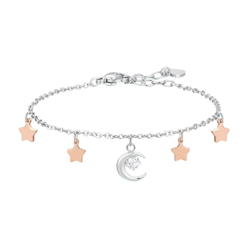 BRACCIALE DONNA IN ACCIAIO, LUNA CON ZIRCONE BIANCO E STELLE IP ROSE