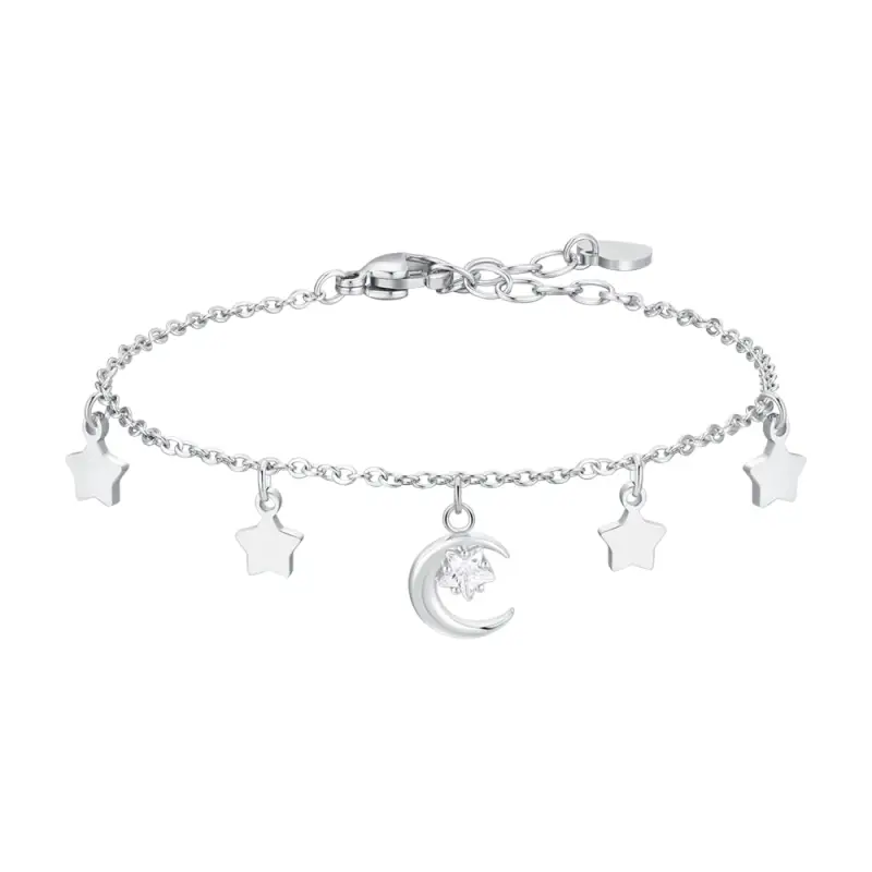 BRACCIALE DONNA IN ACCIAIO, LUNA CON ZIRCONE BIANCO E STELLE