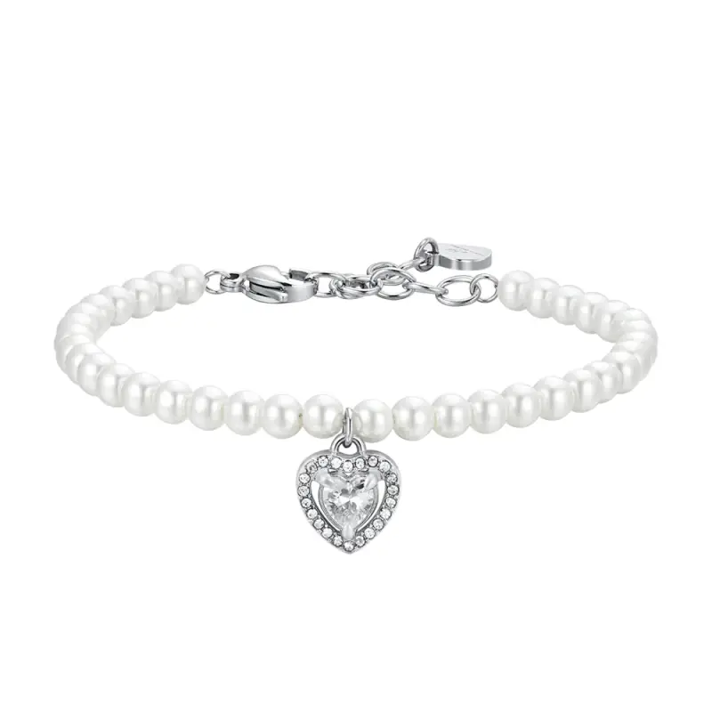 BRACCIALE DONNA IN ACCIAIO PERLE SINTETICHE E CUORE ZIRCONE BIANCO
