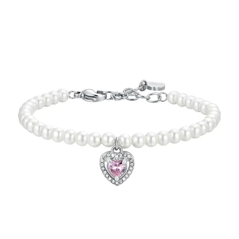 BRACCIALE DONNA IN ACCIAIO PERLE SINTETICHE E CUORE ZIRCONE ROSA