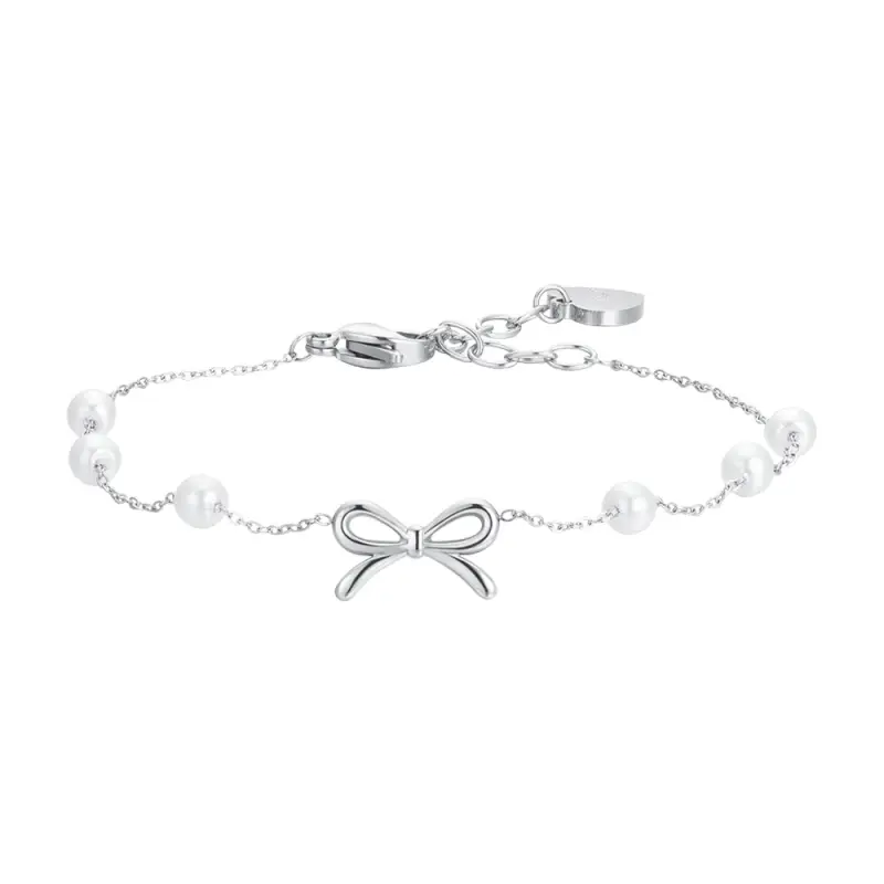 BRACCIALE DONNA IN ACCIAIO PERLE SINTETICHE E FIOCCO