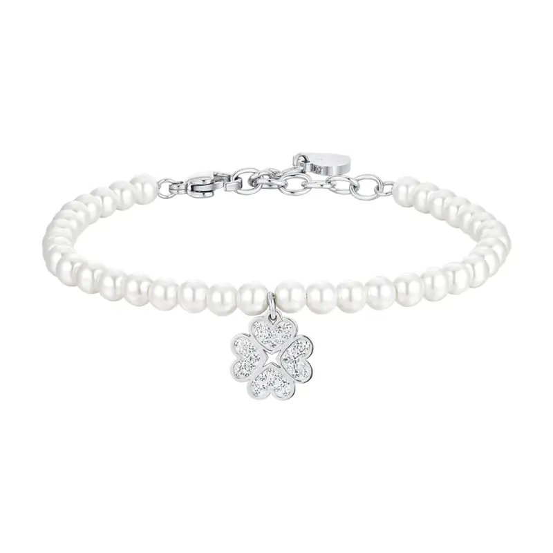 BRACCIALE DONNA IN ACCIAIO PERLE SINTETICHE E QUADRIFOGLIO