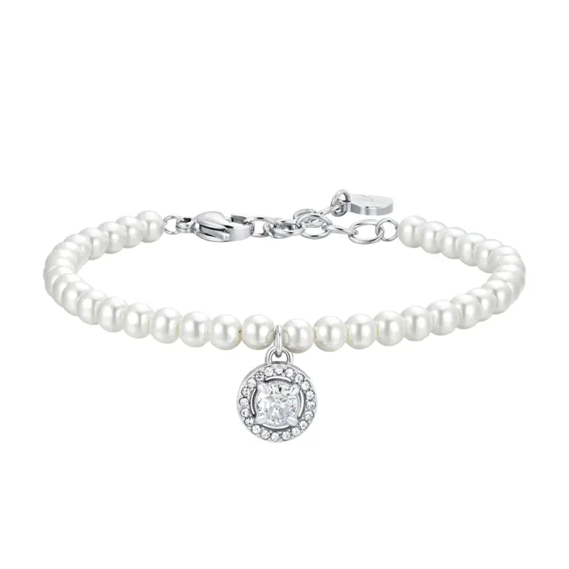 BRACCIALE DONNA IN ACCIAIO PERLE SINTETICHE E ZIRCONE BIANCO