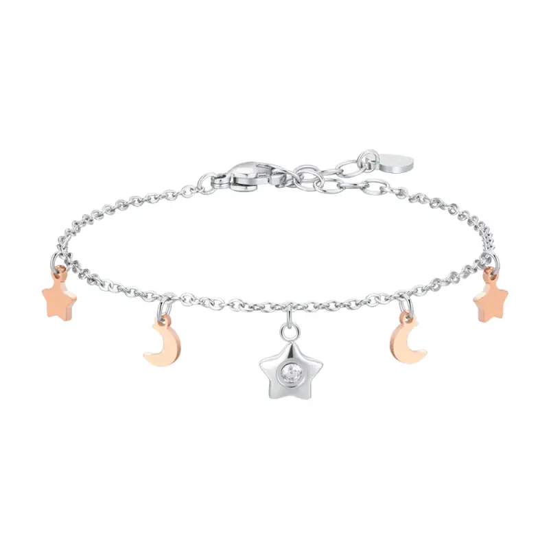 BRACCIALE DONNA IN ACCIAIO, STELLA CON ZIRCONE BIANCO, LUNE E STELLE IP ROSE
