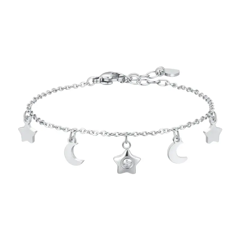 BRACCIALE DONNA IN ACCIAIO, STELLA CON ZIRCONE BIANCO, LUNE E STELLE