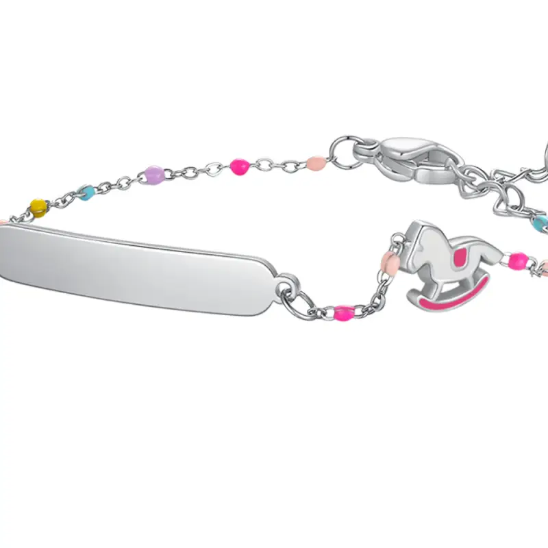 BRACCIALE IN ACCIAIO, CAVALLO A DONDOLO CON SMALTO ROSA E FUCSIA E PIETRE COLOR miniatura 2