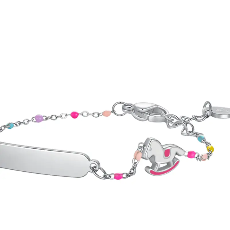 BRACCIALE IN ACCIAIO, CAVALLO A DONDOLO CON SMALTO ROSA E FUCSIA E PIETRE COLOR miniatura 3