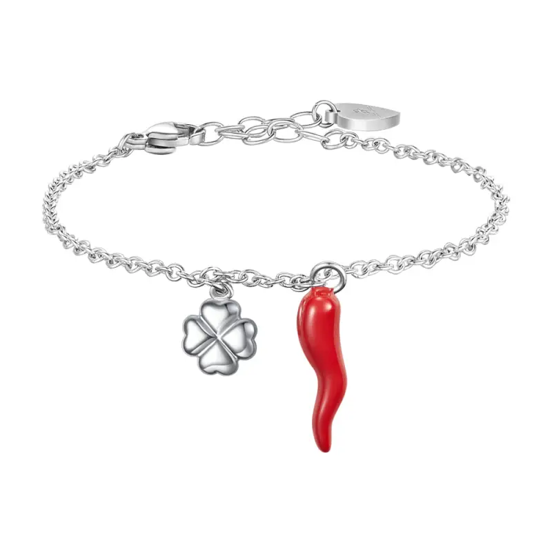 BRACCIALE IN ACCIAIO CON CORNO ROSSO E QUADRIFOGLIO