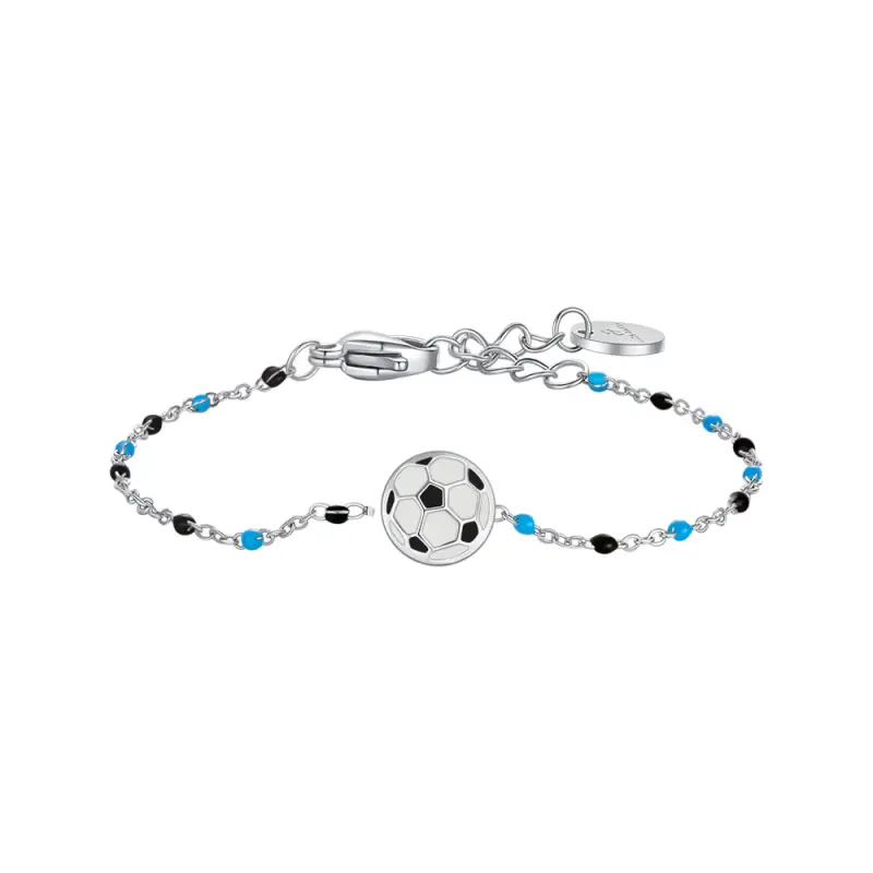 BRACCIALE IN ACCIAIO CON PALLONE E PIETRE AZZURE E NERE