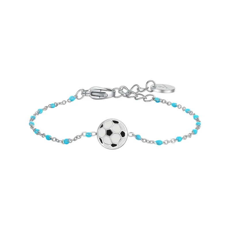 BRACCIALE IN ACCIAIO CON PALLONE E PIETRE BIANCHE E AZZURRE