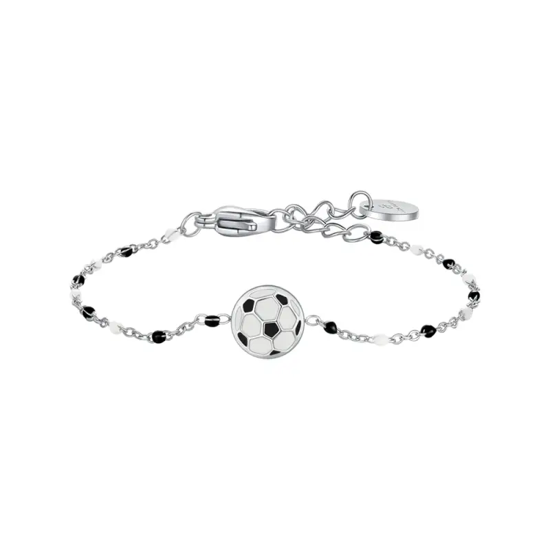 BRACCIALE IN ACCIAIO CON PALLONE E PIETRE NERE E BIANCHE