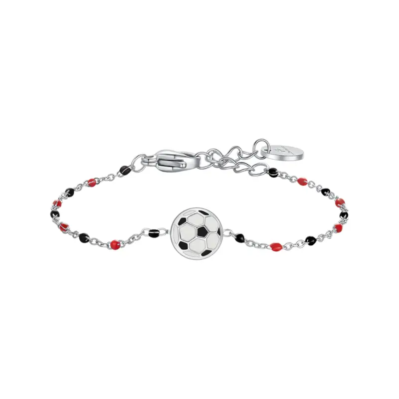 BRACCIALE IN ACCIAIO CON PALLONE E PIETRE NERE E ROSSE