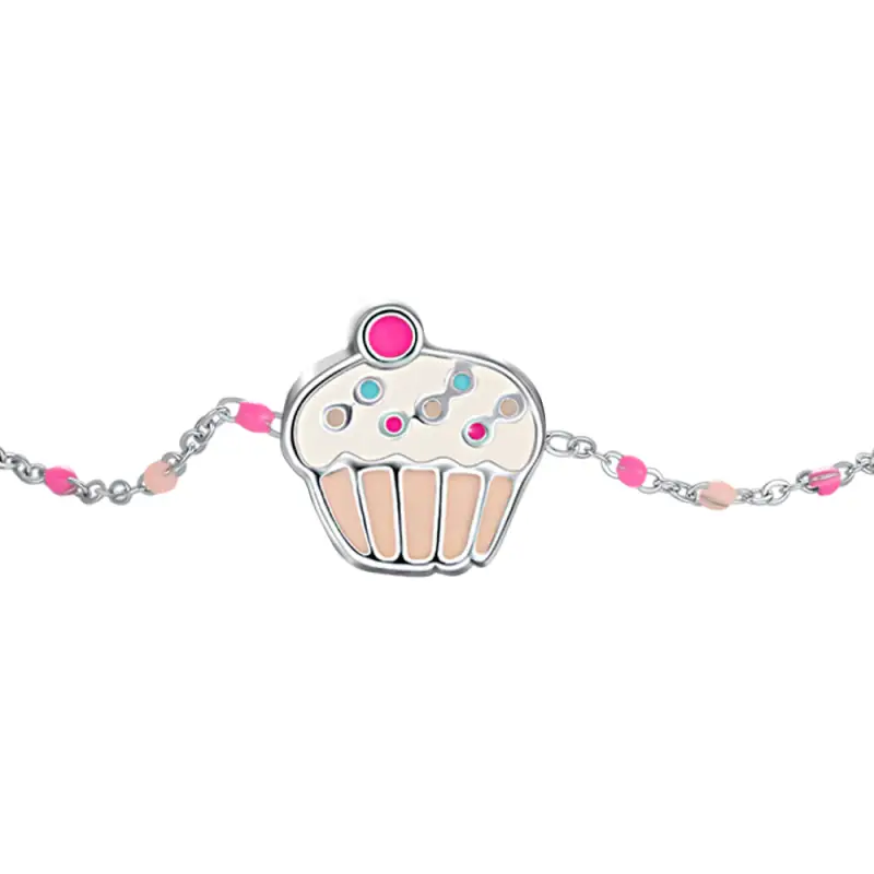 BRACCIALE IN ACCIAIO, CUPCAKE CON SMALTO ROSA E FUCSIA E PIETRE COLORATE miniatura 2