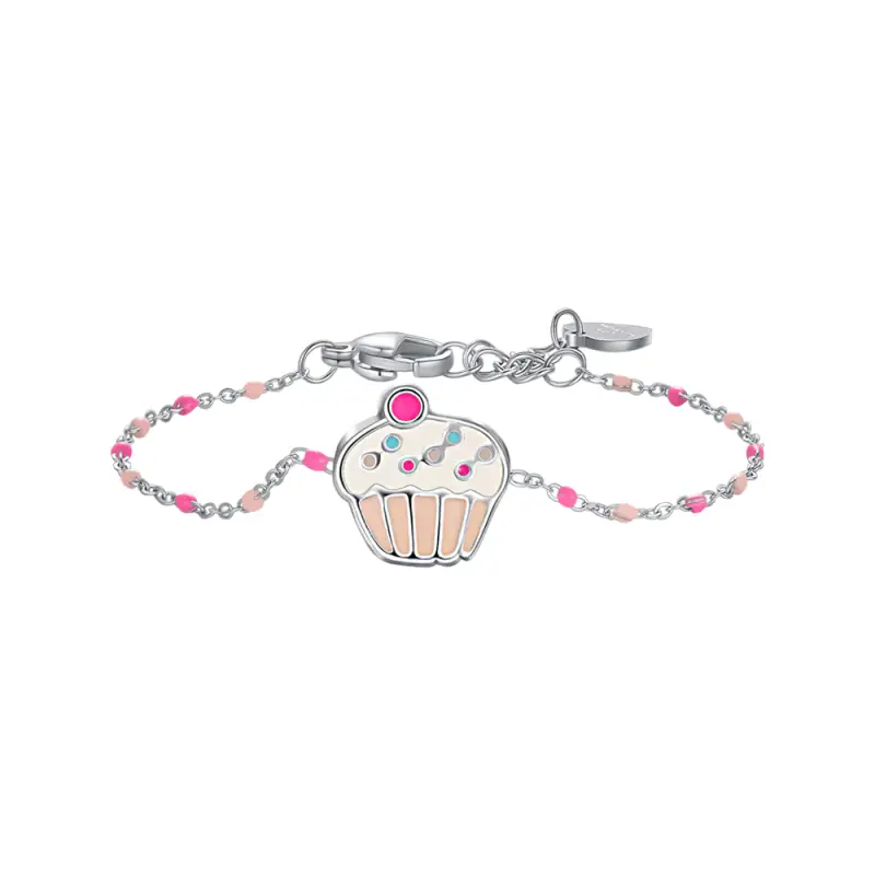 BRACCIALE IN ACCIAIO, CUPCAKE CON SMALTO ROSA E FUCSIA E PIETRE COLORATE