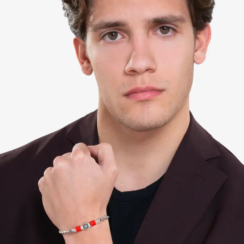 BRACCIALE IN ACCIAIO, PIASTRA CON SMALTO NERO E TIMONE E CORDA ROSSA miniatura 3