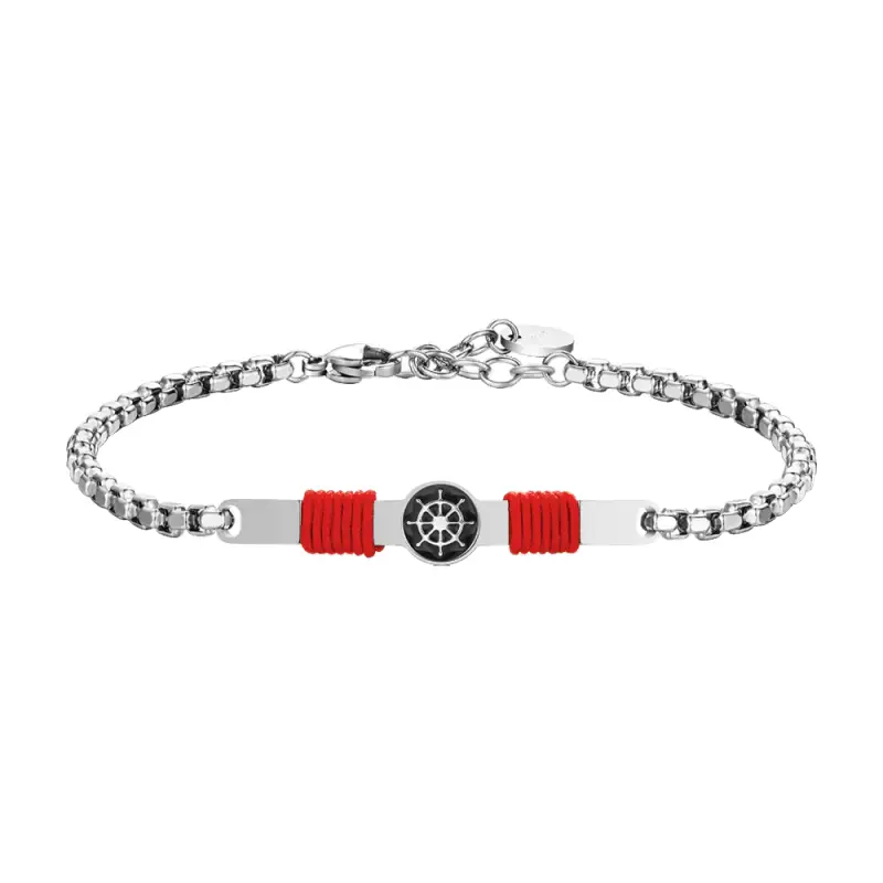 BRACCIALE IN ACCIAIO, PIASTRA CON SMALTO NERO E TIMONE E CORDA ROSSA