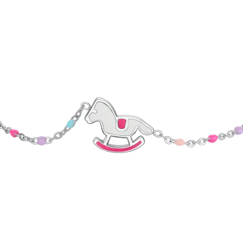 BRACCIALE IN ACCIAIO, PIASTRA E CAVALLO A DONDOLO CON SMALTO ROSA E FUCSIA E PIE miniatura 2