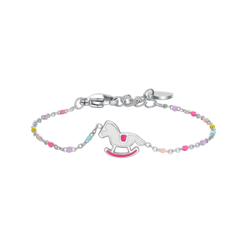 BRACCIALE IN ACCIAIO, PIASTRA E CAVALLO A DONDOLO CON SMALTO ROSA E FUCSIA E PIE