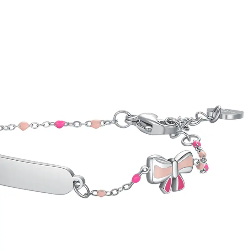 BRACCIALE IN ACCIAIO, PIASTRA E FIOCCO CON SMALTO ROSA E FUSCIA E PIETRE COLORAT miniatura 3